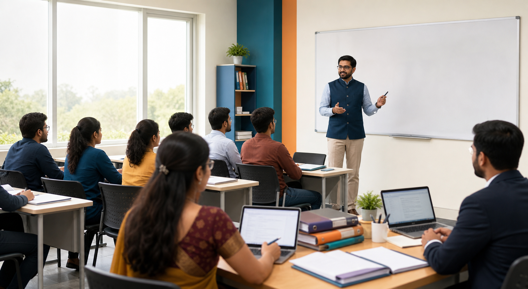 Teacher in a modern classroom with students and academic coordination desk
